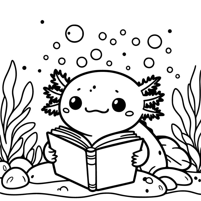 cute axolotl reading a book underwater