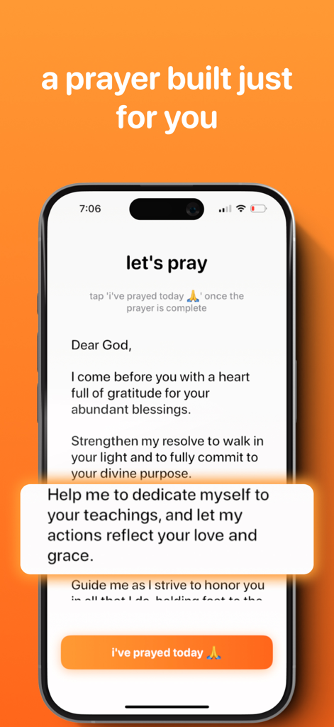 A mobile interface from the prayer lock app showing a personalized christian prayer on an orange background.