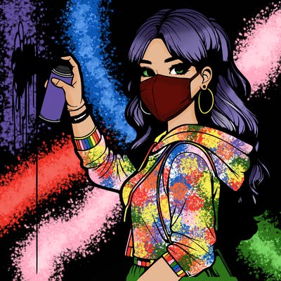 realistic girl with mask spray painting a wall