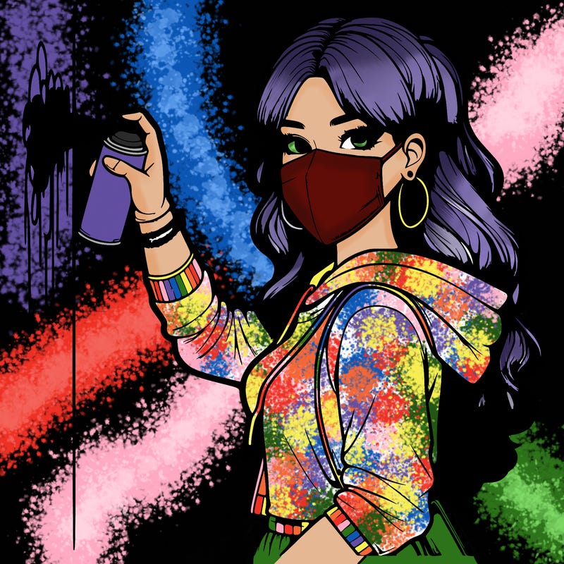 realistic girl with mask spray painting a wall