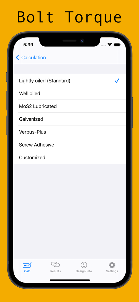 Bolt Torque - Bolt Torque app screen showing various lubrication and coating options for engineering calculations.