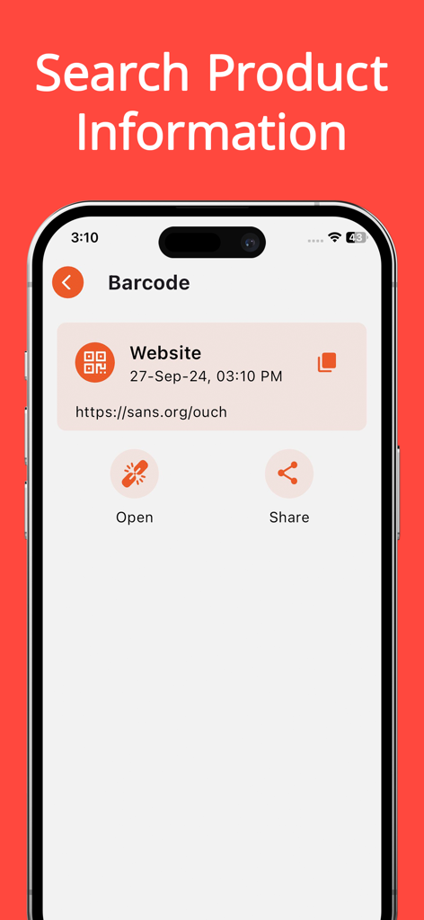 Tela do iPhone exibindo os resultados de um código de barras digitalizado, incluindo um link de site e opções para abrir ou compartilhar