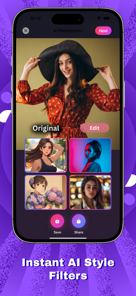 AI PhotoShot+ - AI PhotoShot plus mobile app screen featuring instant AI style filters for photo enhancement