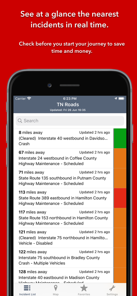 Screenshot of the Tennessee State Roads app showing a list of real-time traffic incidents sorted by distance with color-coded severity levels.