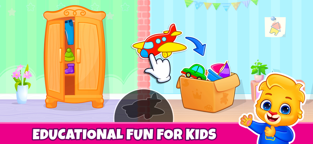 Toddler & Preschool Kids Games - A cartoon screen showing a toddler sorting game where a toy airplane is matched to its shadow shape next to a box of toys and a waving character