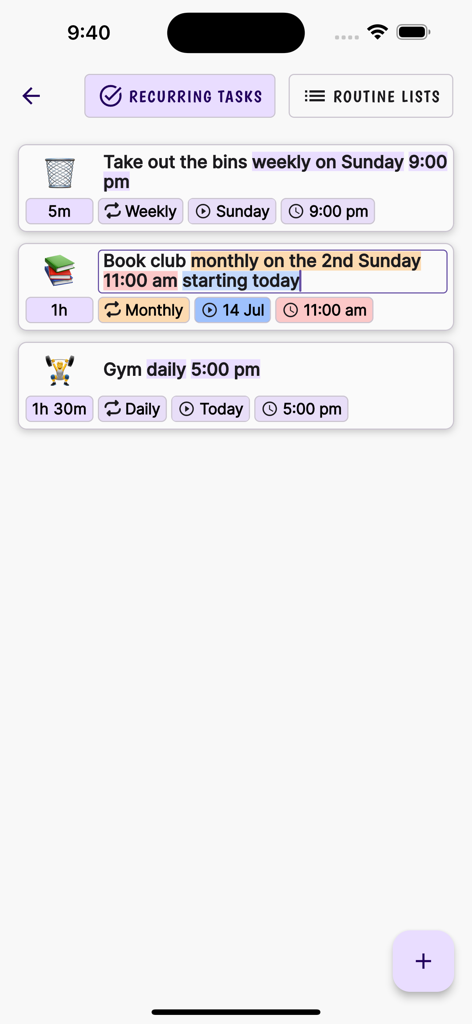 Screenshot of ChronoCat recurring tasks screen showing automated scheduling for chores, book club, and gym using natural language input.