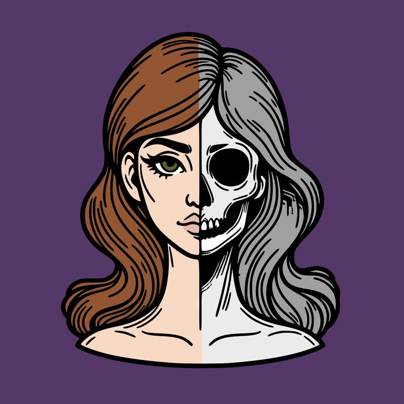 bust of a woman, half face and hair, half skull