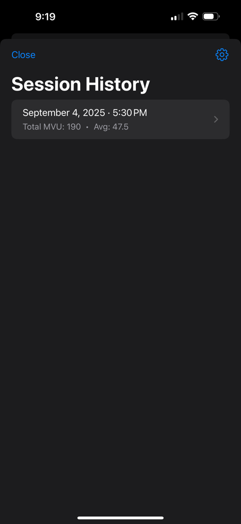 MVU Calculator Pro - Session history screen showing a list of saved Montevideo Units calculations and averages