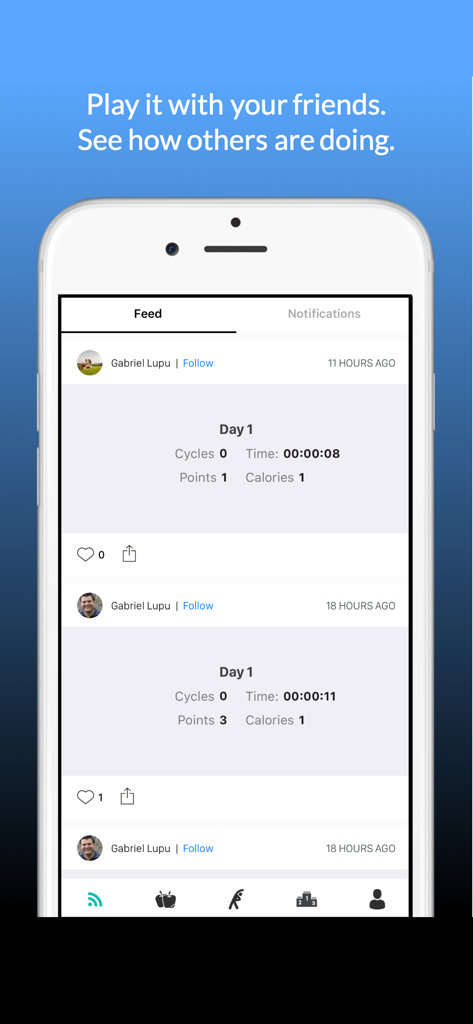 Plank - 30 Days of Challenge - プランクアプリでのサイクル時間とカロリーを含む、友人のワークアウトの進捗状況を示すコミュニティフィード画面