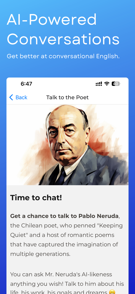 Bildschirm der English Chatterbox App, der die KI-gestützte Konversationsfunktion mit dem Dichter Pablo Neruda zeigt