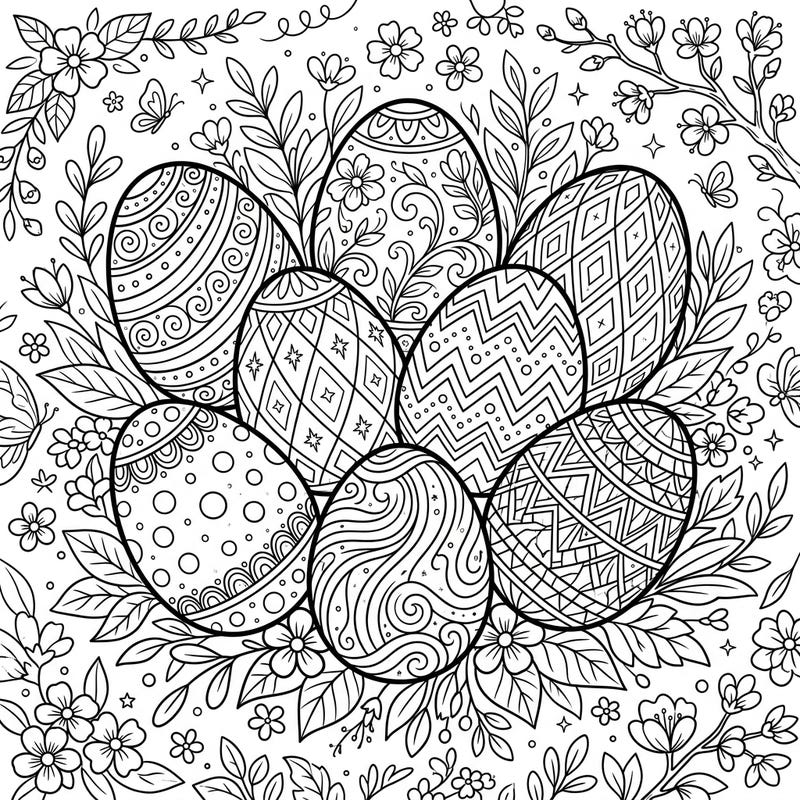 Celebrate the joy of Easter with this delightful coloring page featuring beautifully adorned glitter Easter eggs. Nestled among blossoming spring flowers, each egg offers intricate patterns ready for your creative touch.