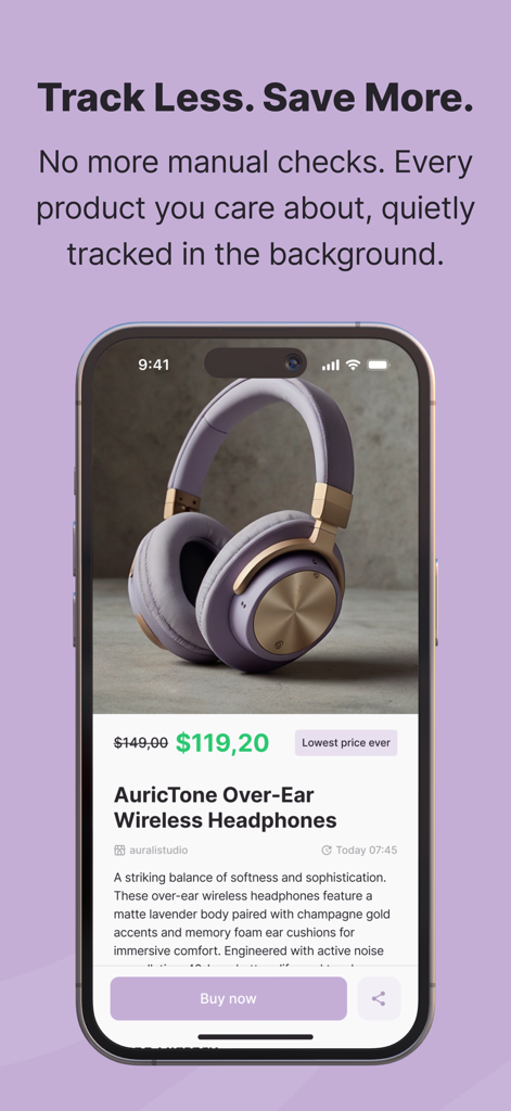 Whisprice app interface showing a price drop for wireless headphones with a lowest price ever badge