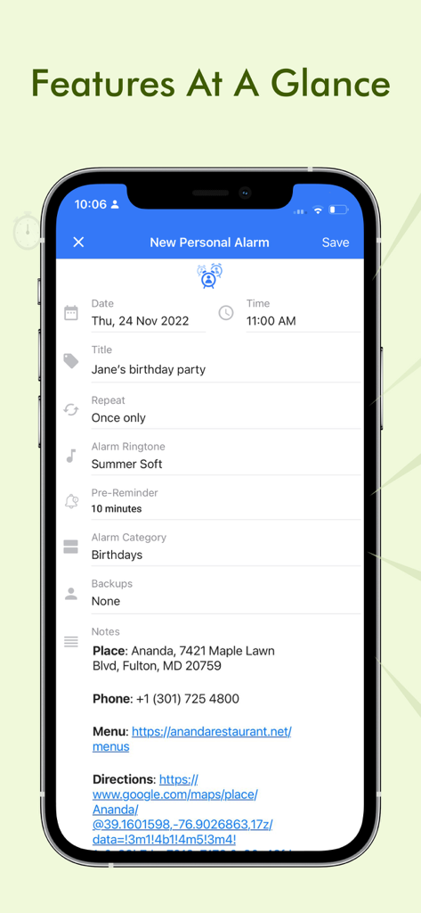 Galarm app screen for creating a personal alarm including notes and event location.