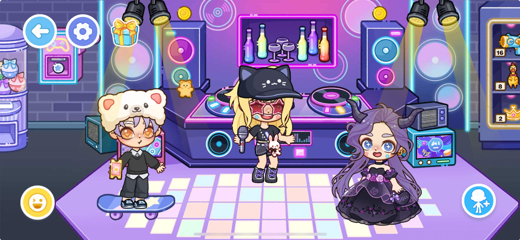 Candyville:Avatar City - Three customizable characters dancing in a colorful arcade club with a DJ booth and neon lights