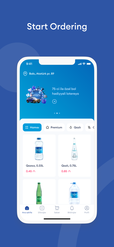 Badamlı - Mobile App-Oberfläche von Badamli, die verschiedene abgefüllte Wasserprodukte zur Bestellung und Lieferung zeigt.
