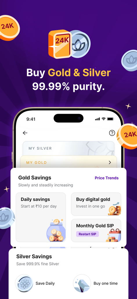 PhonePe mobile app screen showing options to buy 99.99 percent pure digital gold and silver savings plans