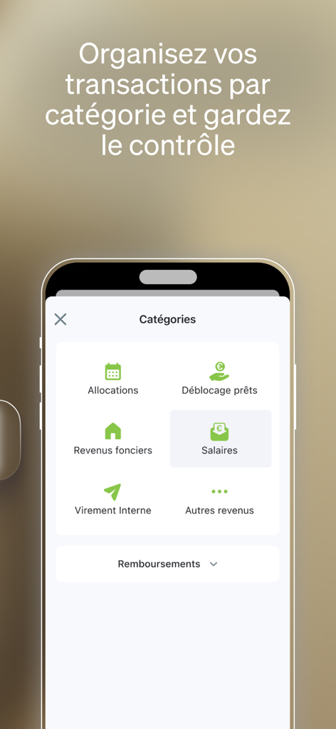 Interfaz de la aplicación de banca móvil Fortuneo que muestra categorías de transacciones como salarios y transferencias internas para ayudar a los usuarios a organizar su presupuesto