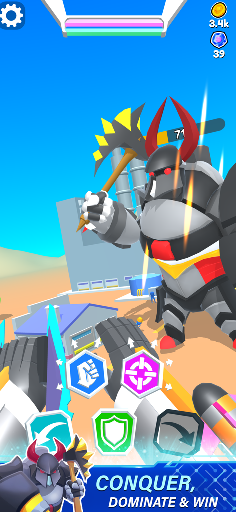 Perspectiva en primera persona de una batalla de robots contra un enemigo mecha gigante con cuernos en una arena