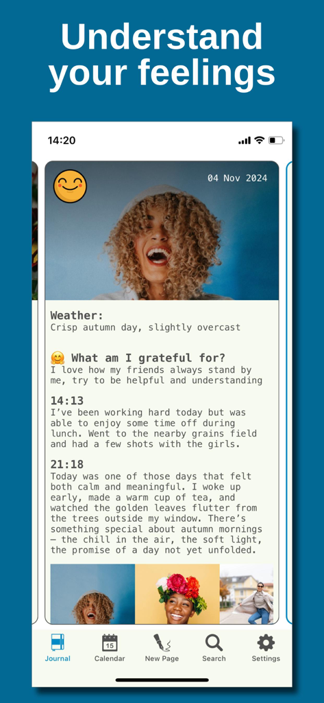 My Daily Diary ‎ - Una pantalla de smartphone que muestra una entrada de diario personal con fotos de seguimiento del estado de ánimo y notas de gratitud