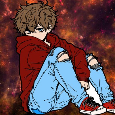 a male hoddie ripped jeans messy hair anime
