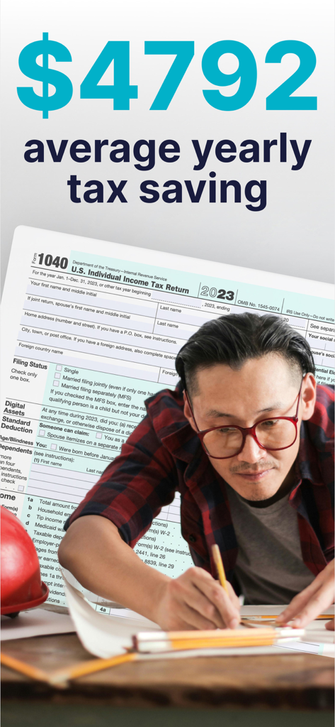 SimplyWise: Receipts, Expenses - A man filling out a 1040 tax form with text highlighting an average yearly tax saving of 4792 dollars.
