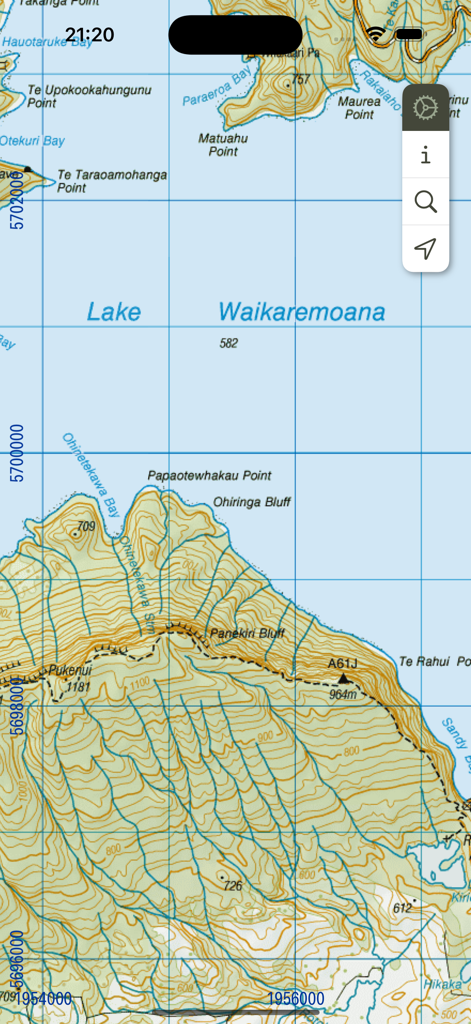 MapApp NZ North Island - Topographic map view of Lake Waikaremoana in New Zealand North Island showing contour lines and terrain for hiking