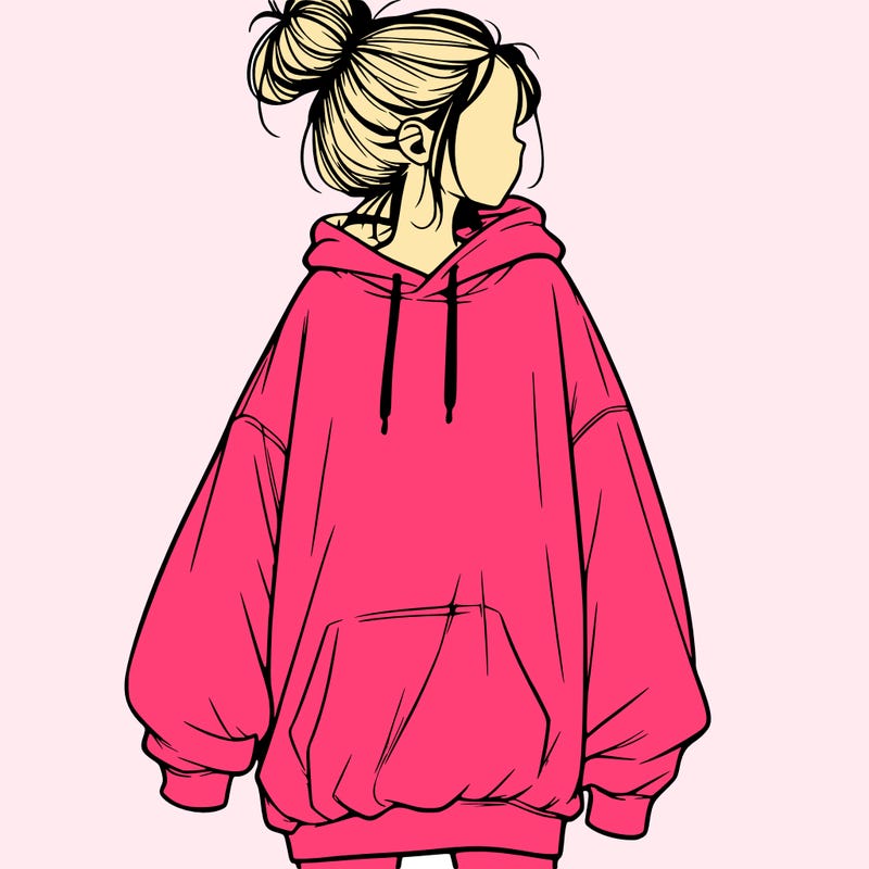 realistic girl with a oversized sweatshirt on and a bun