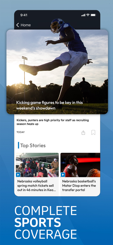 Omaha World Herald app interface displaying Nebraska sports headlines and complete sports coverage.