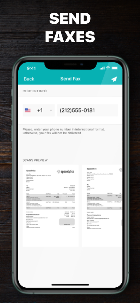 Scanner PDF – scan document - Der Fax-Sende-Bildschirm der mobilen Scanner PDF App mit Empfängerinformationen und Scan-Vorschauen
