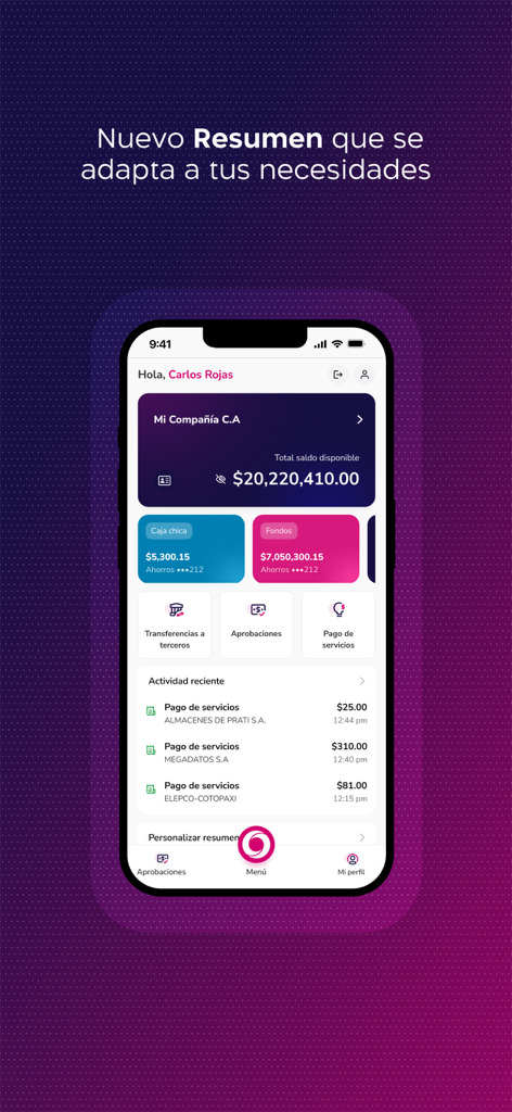 Empresas Banco Guayaquil - Dashboard of the Empresas Banco Guayaquil mobile app showing business account balances and recent activity