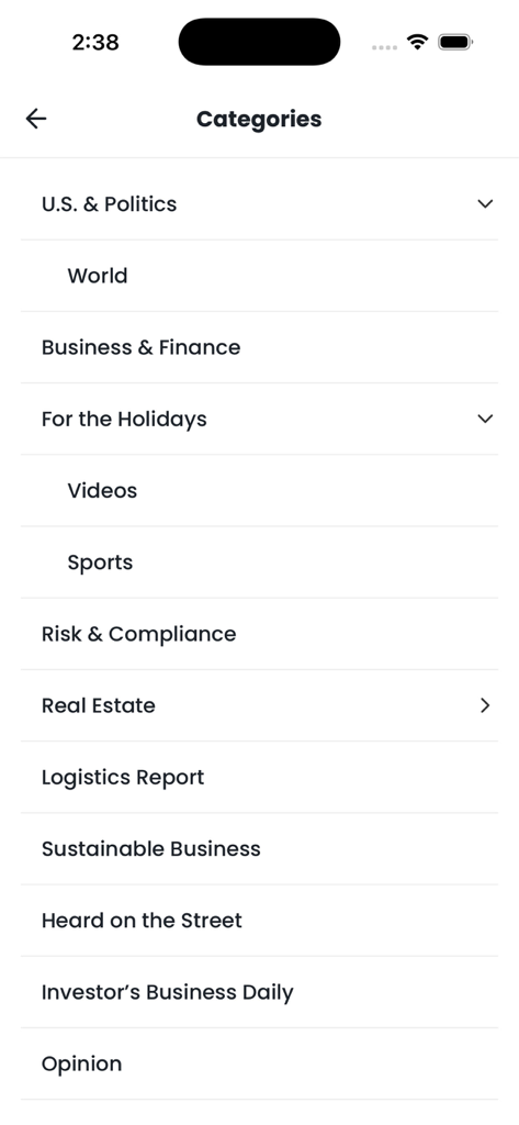 M World News - A menu list of news categories in the M World News app including World, Business, and Sports
