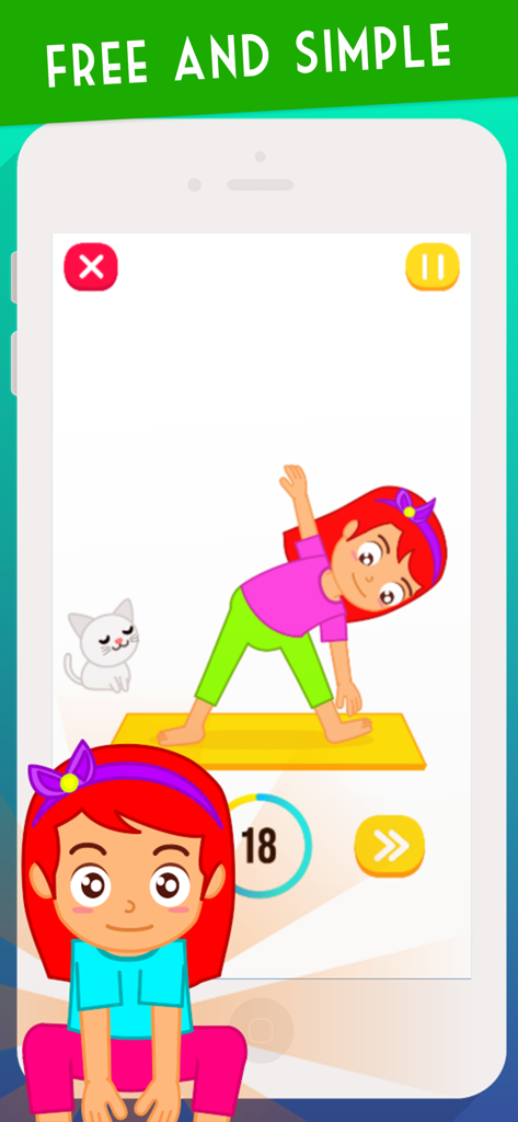 Kids Exercise : Kids Workout - 子供向けエクササイズアプリのインターフェース画面。ヨガマットの上でヨガのストレッチをする少女の漫画。