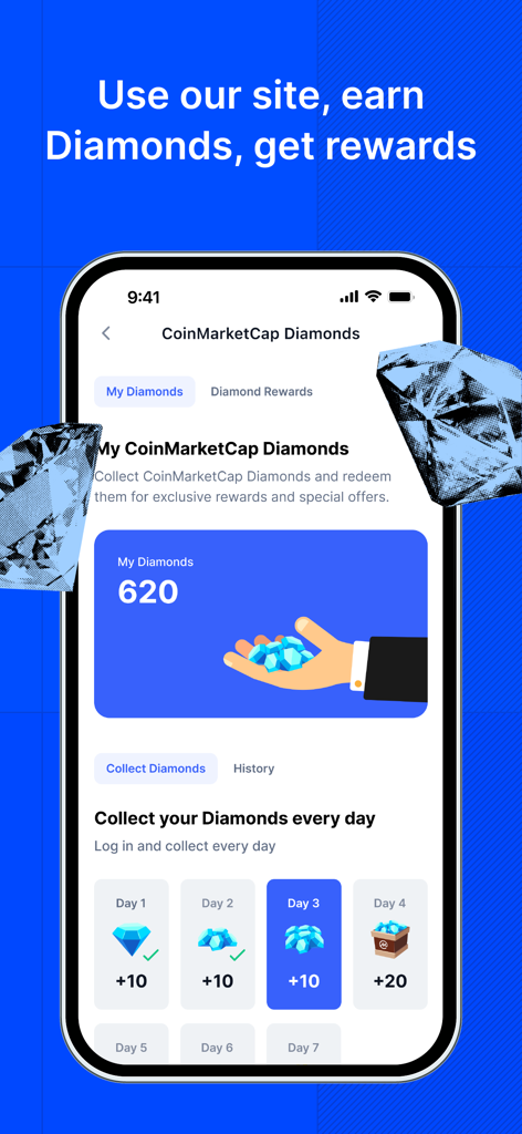 CoinMarketCap: Crypto Tracker - Mobile app interface for CoinMarketCap showing the diamonds loyalty program and daily reward collection screen.