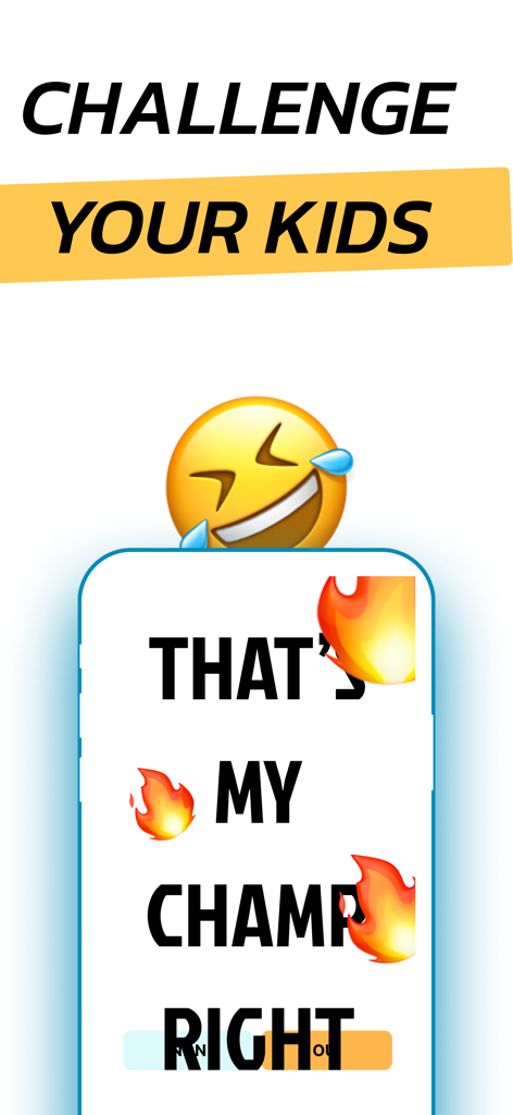 HeroZero - #1 family game :-) - Pantalla de la aplicación móvil HeroZero que muestra un desafío divertido para niños con un emoji de risa e íconos de fuego.