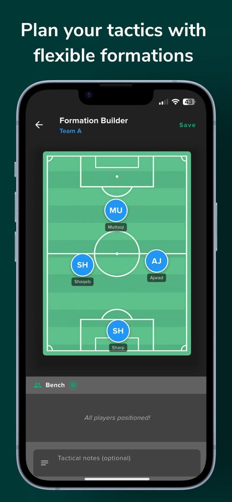 Squaded: Football Organiser - Squaded mobile app formation builder screen for organizing soccer tactics