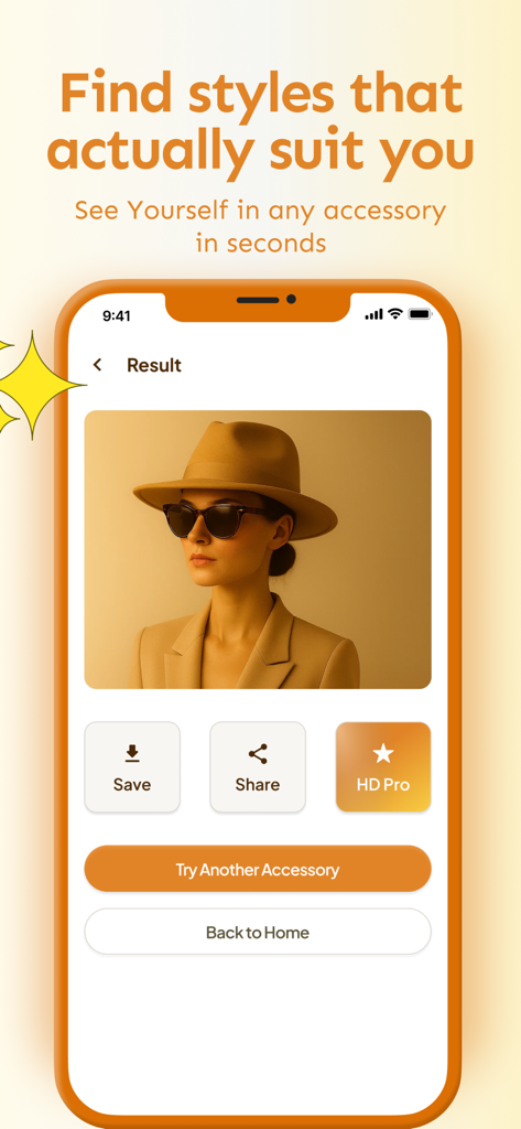 Una mujer probándose virtualmente gafas de sol y un sombrero elegante usando la interfaz de una aplicación de moda con IA.