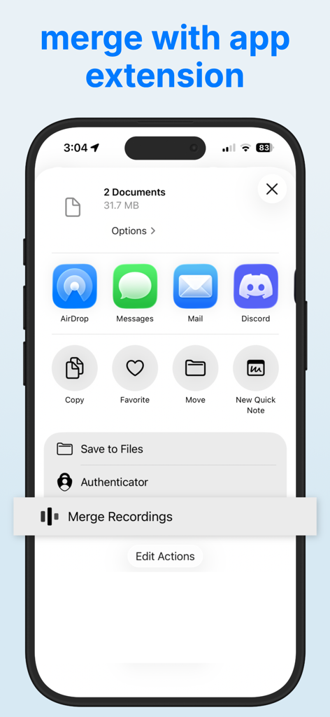 Tela do iPhone mostrando a extensão do aplicativo Mesclar Gravações dentro da folha de compartilhamento do iOS