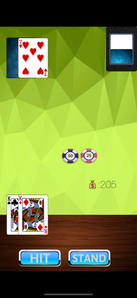BJ21 Poker: BlackJack 21 Card - BJ21 Poker app gameplay showing a blackjack hand with Hit and Stand buttons