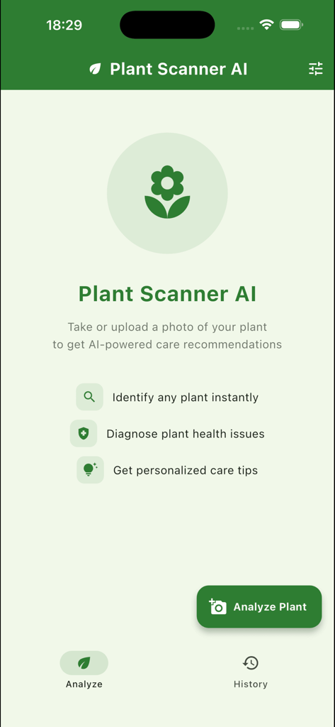 Plantia – AI Plant Identifier - Home screen of the Plantia AI Plant Identifier app showing options to identify plants and diagnose health issues