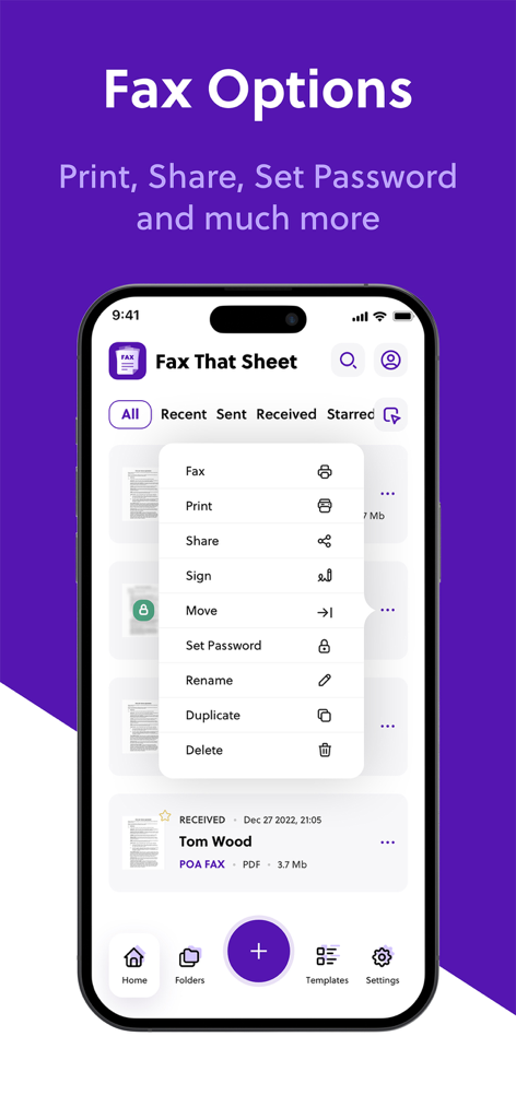 FAX ® - Tela do telefone móvel mostrando opções de fax, incluindo imprimir, compartilhar e assinar no aplicativo Fax That Sheet