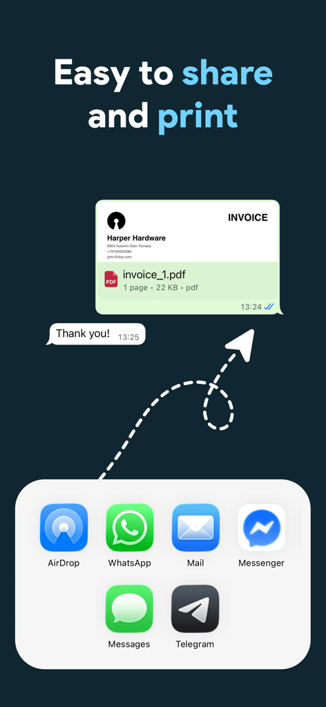 Invoice Maker: Bill & Receipt - Interface mostrando uma fatura sendo enviada via um aplicativo de mensagens com opções de compartilhamento como WhatsApp, Mail e Messenger