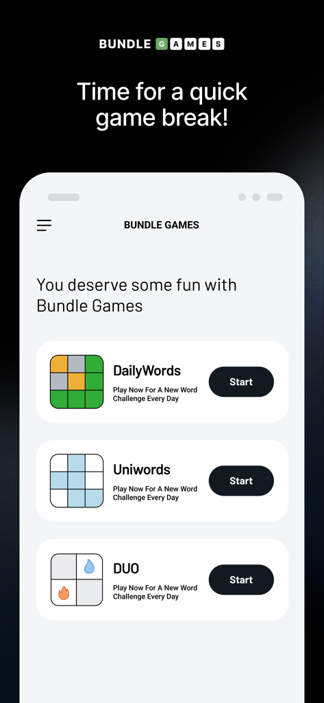 Bundle News: Breaking & Local - BundleアプリのBundle Gamesセクションに、DailyWordsやUniwordsなどのワードパズルゲームが表示されています