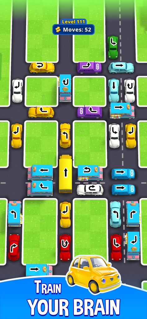 Traffic Go! Car Escape - Vista de pájaro de un nivel de juego de puzle de atasco de tráfico mostrando coches de colores con flechas direccionales y un cartel de Entrena tu Cerebro.