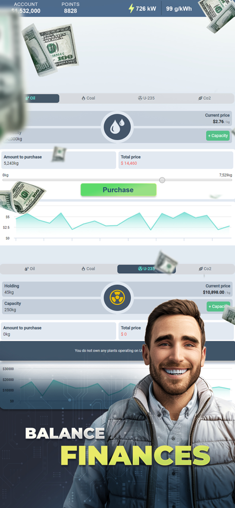 Energy Manager - 2025 - Ein lächelnder Mann vor der Finanzmanagement-Oberfläche des Mobile Games Energy Manager 2025