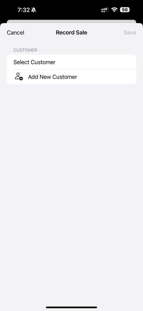 coconutLedgerAssistant - Interfaz para registrar una venta y seleccionar o añadir un cliente en la aplicación coconutLedgerAssistant