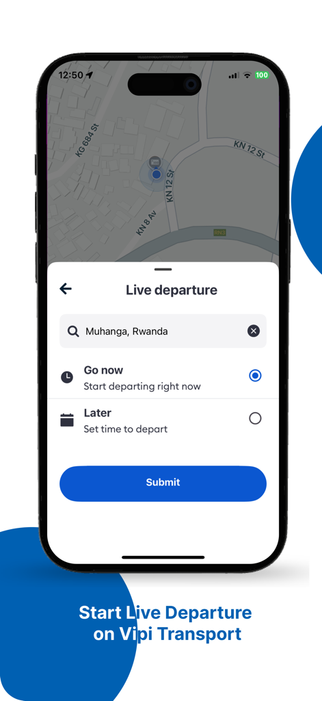 Vipi Transport - Vipi Transport app interface showing the live departure booking screen with options to start now or later.