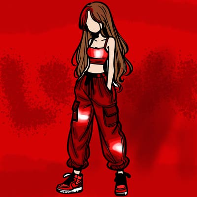 girl in baggy pants crop top and long hair