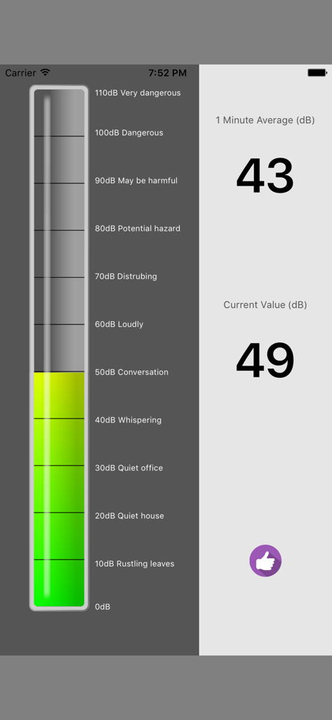 Interface of the Decibel app showing a vertical sound level meter and numerical decibel readings.