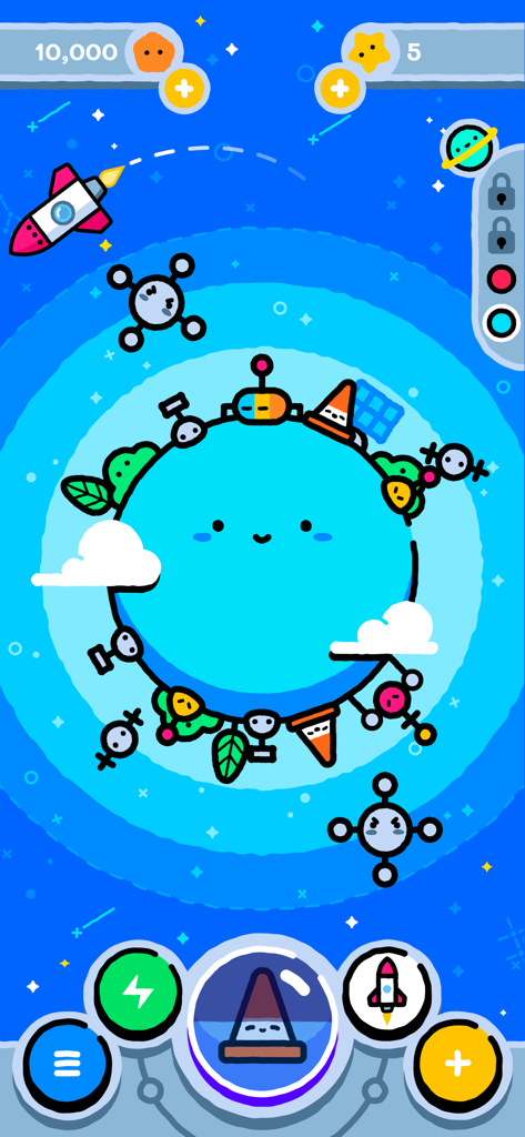 Idle Pocket Planet - A cute blue planet with a smiley face featuring various scientific settlements and a rocket in space
