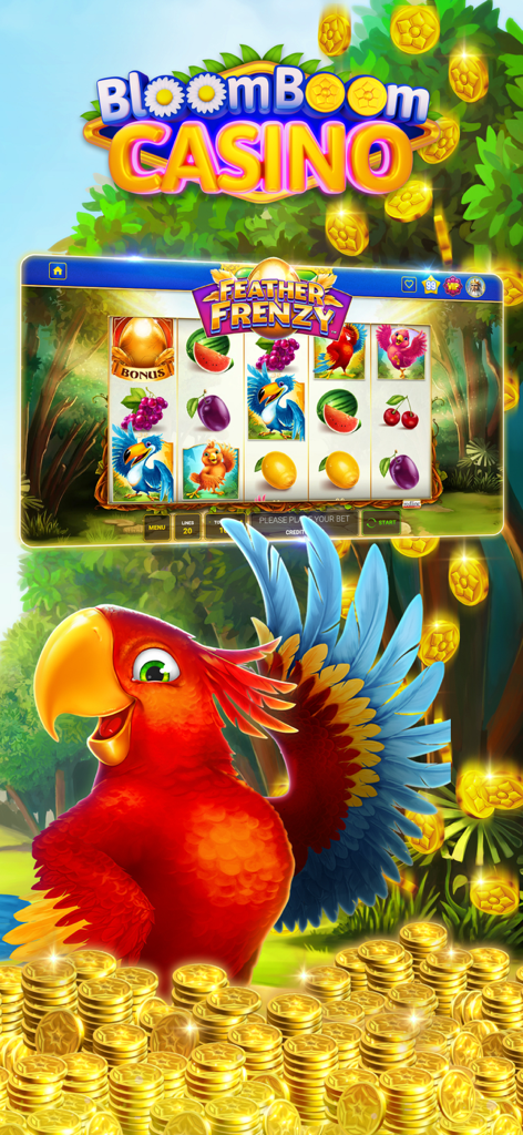 Bloom Boom Casino Online Slots - Máquina tragamonedas Feather Frenzy con un loro rojo y montones de monedas de oro en un jardín de jungla tropical